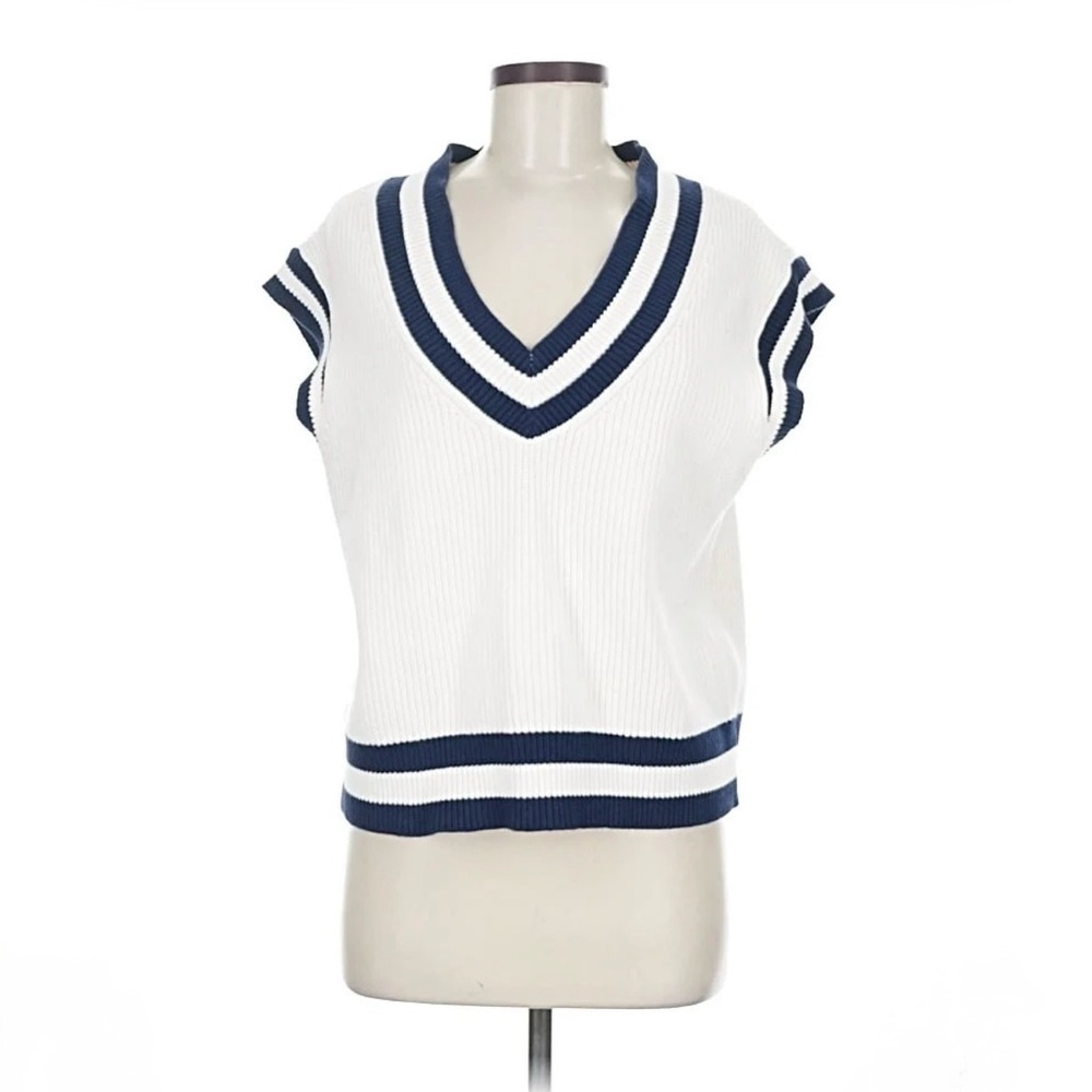 LOFT Women’s Cream and Navy V-Neck Sweater Vest Size Small NWT